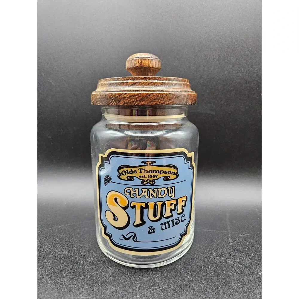 Vintage Olde Thompson Handy Stuff Glass Jar Canister w/ Wooden Lid Rare HTF